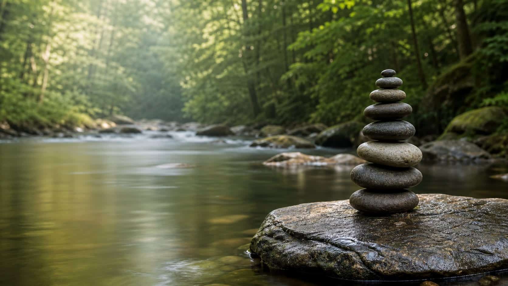 Leśny potok z wieżą ułożonych kamieni: motyw z logo PsychoNovatis