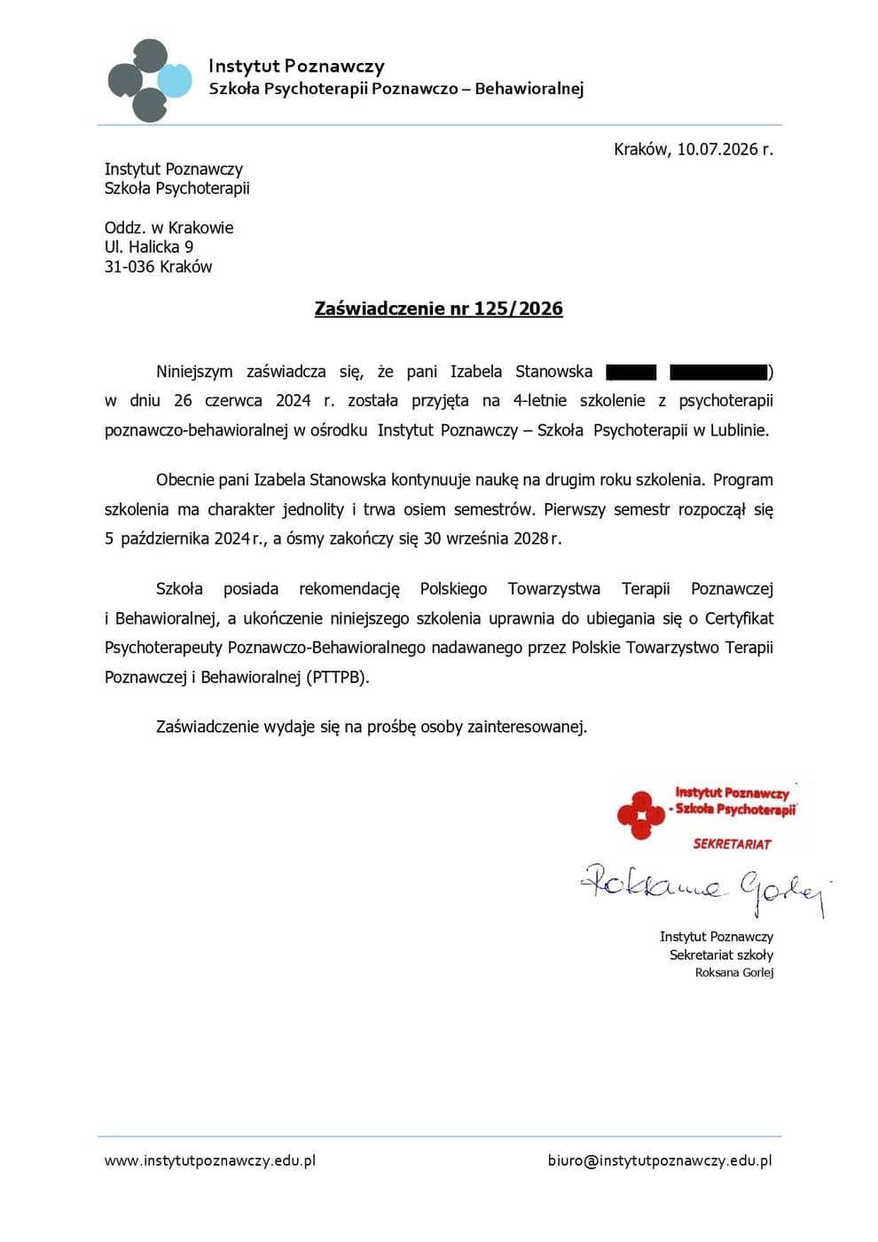 4-letnie szkolenie z psychoterapii poznawczo-behawioralnej, Instytut Poznawczy, w trakcie (rekomendacja PTTPB), Izabela Stanowska