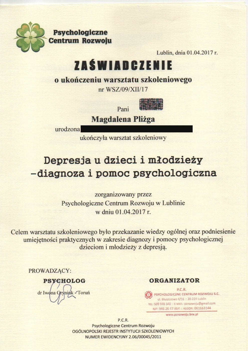 Depresja u dzieci i młodzieży, diagnoza i pomoc psychologiczna, Psychologiczne Centrum Rozwoju w Lublinie (2017), Magdalena Pliżga-Szwajgier