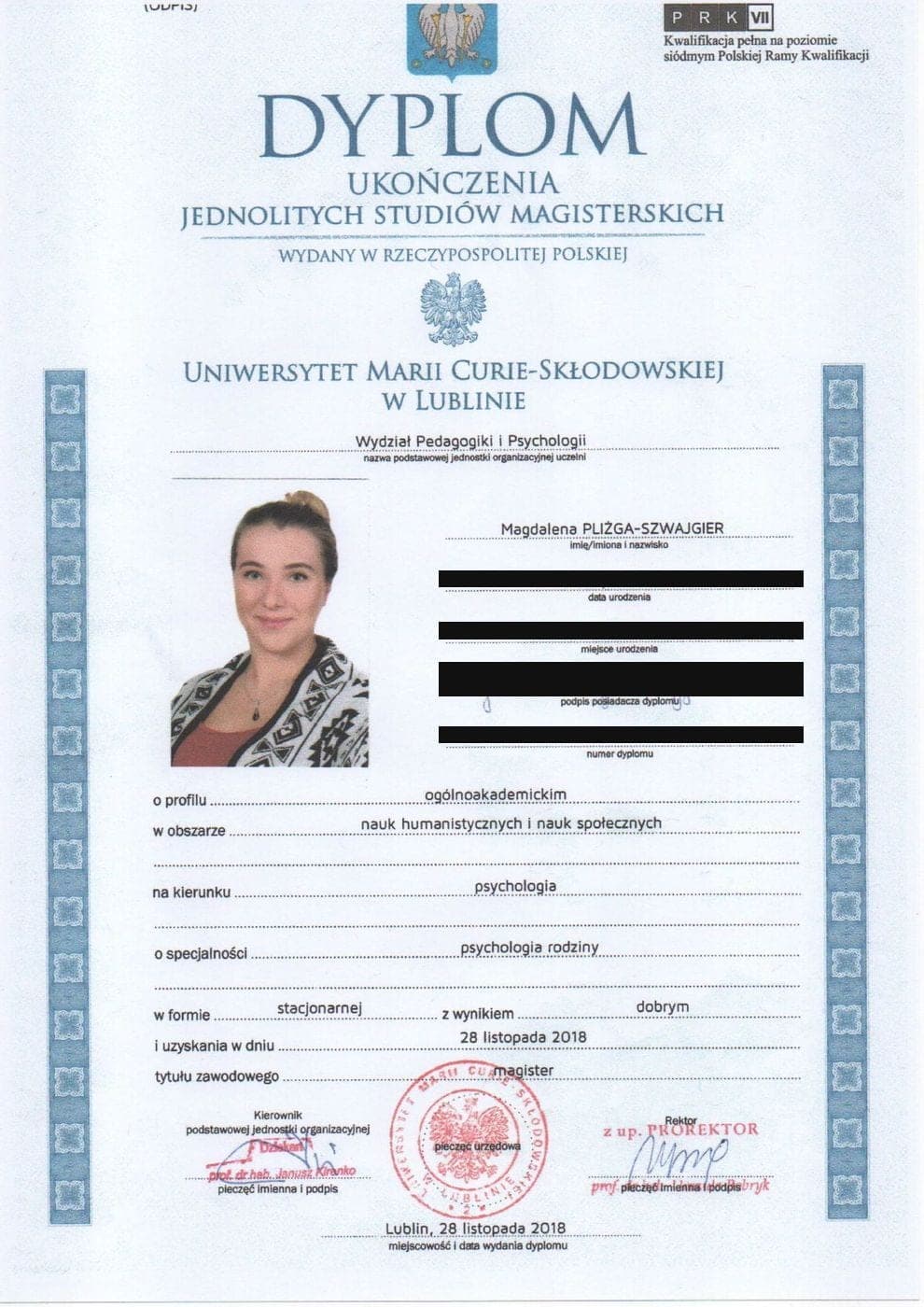 Magister psychologii, specjalność psychologia rodziny, Uniwersytet Marii Curie-Skłodowskiej w Lublinie (2018), Magdalena Pliżga-Szwajgier