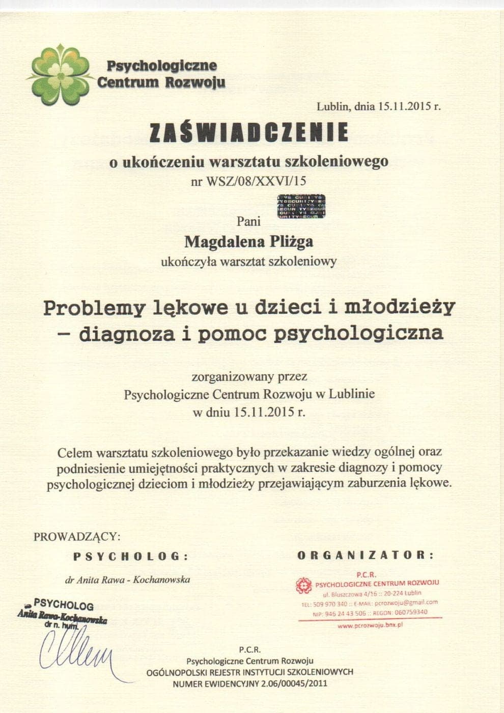 Problemy lękowe u dzieci i młodzieży, diagnoza i pomoc psychologiczna, Psychologiczne Centrum Rozwoju w Lublinie (2015), Magdalena Pliżga-Szwajgier