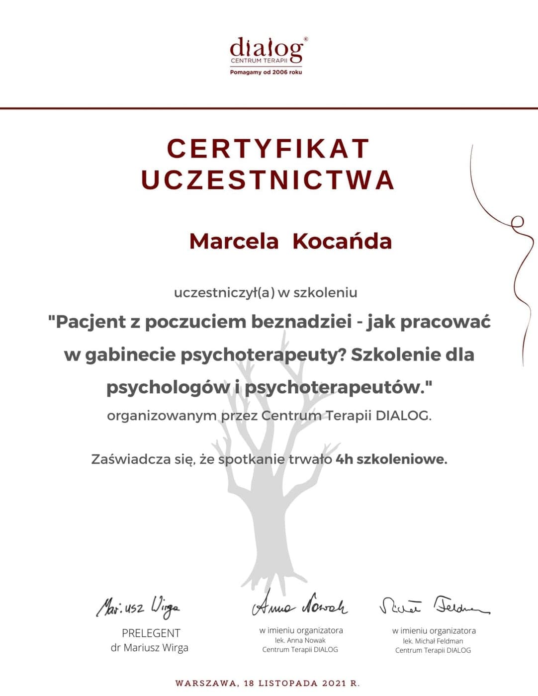 Pacjent z poczuciem beznadziei, praca w gabinecie psychoterapeuty, Centrum Terapii DIALOG (2021), Marcela Kwiecień