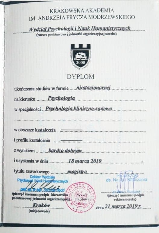 Magister psychologii, specjalność psychologia kliniczno-sądowa, Krakowska Akademia im. Andrzeja Frycza Modrzewskiego (2019), Marcela Kwiecień