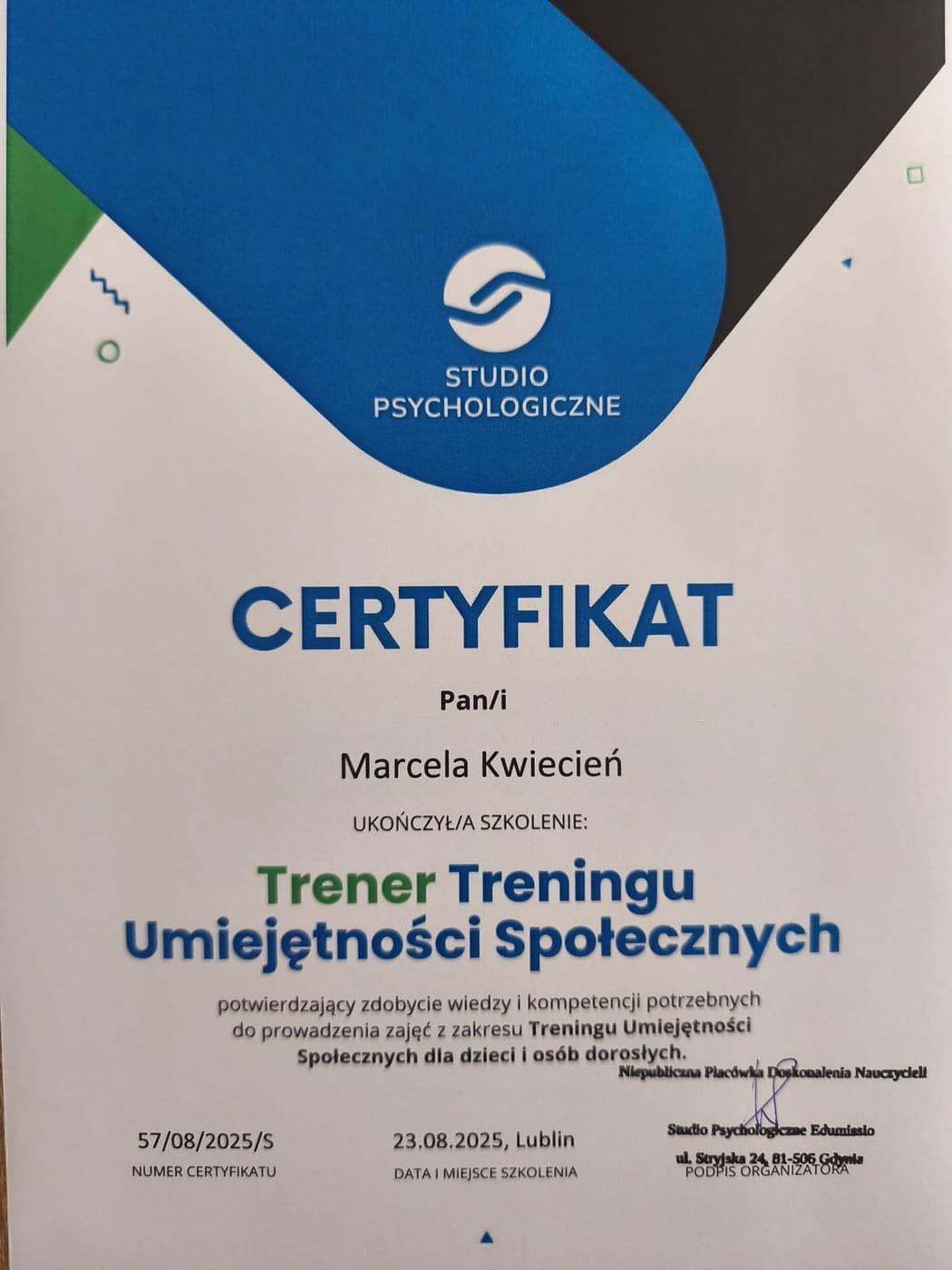 Trener Treningu Umiejętności Społecznych: Studio Psychologiczne (2025), Marcela Kwiecień