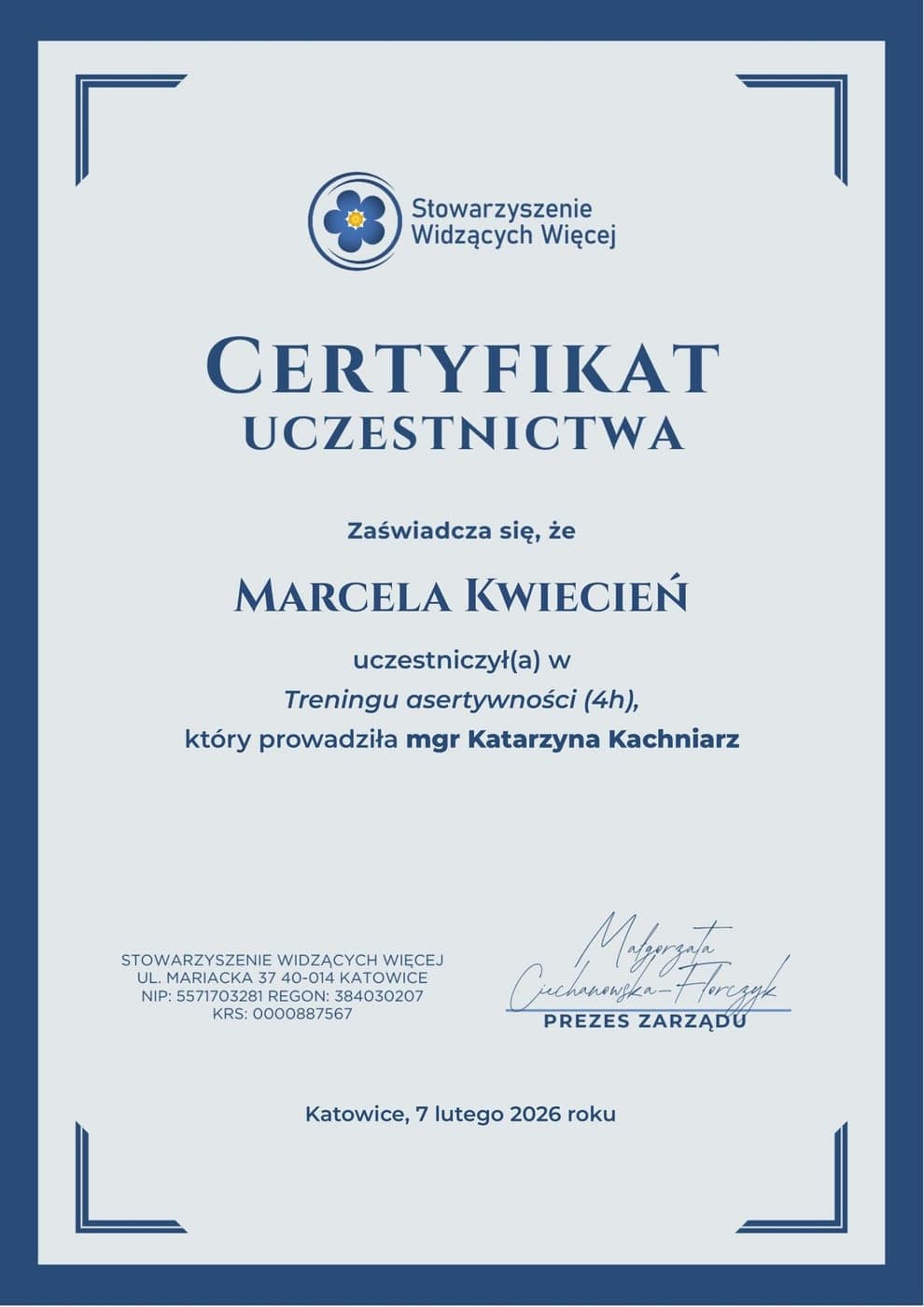 Trening asertywności (4 godz.), Stowarzyszenie Widzących Więcej (2026), Marcela Kwiecień