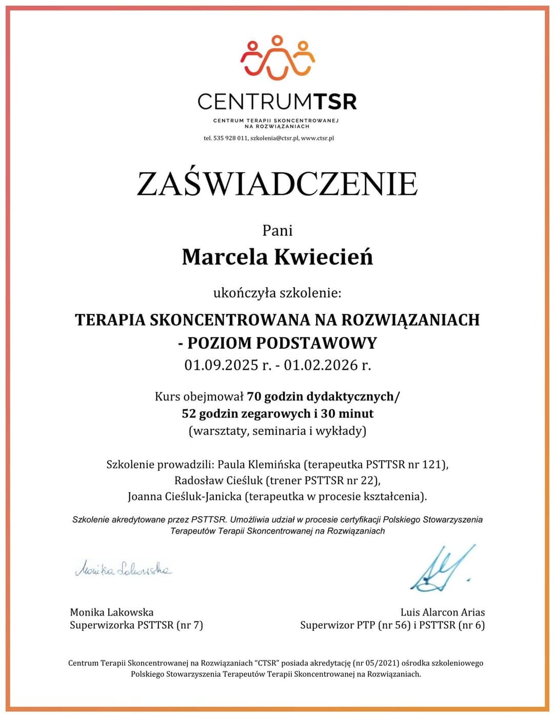 Terapia Skoncentrowana na Rozwiązaniach, poziom podstawowy (70 godz.), Centrum TSR, akredytacja PSTTSR (2026), Marcela Kwiecień