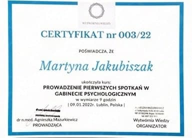 Prowadzenie pierwszych spotkań w gabinecie psychologicznym (9 godz.), Wytwórnia Wiedzy (2022), Martyna Jakubiszak