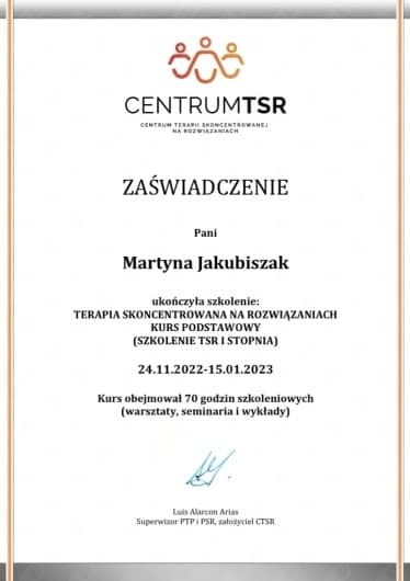 Terapia Skoncentrowana na Rozwiązaniach, kurs podstawowy I stopnia (70 godz.), Centrum TSR (2023), Martyna Jakubiszak