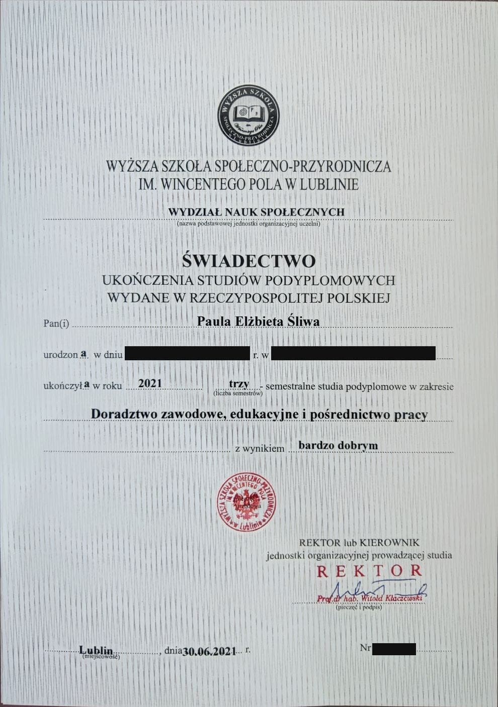Studia podyplomowe: doradztwo zawodowe, edukacyjne i pośrednictwo pracy, Wyższa Szkoła Społeczno-Przyrodnicza im. Wincentego Pola w Lublinie (2021), Paula Kozaczuk
