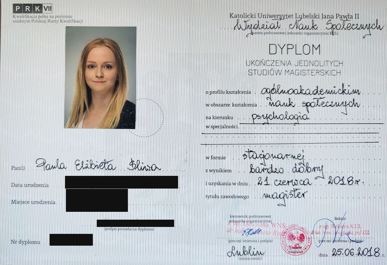 Magister psychologii, Katolicki Uniwersytet Lubelski Jana Pawła II (2018), Paula Kozaczuk