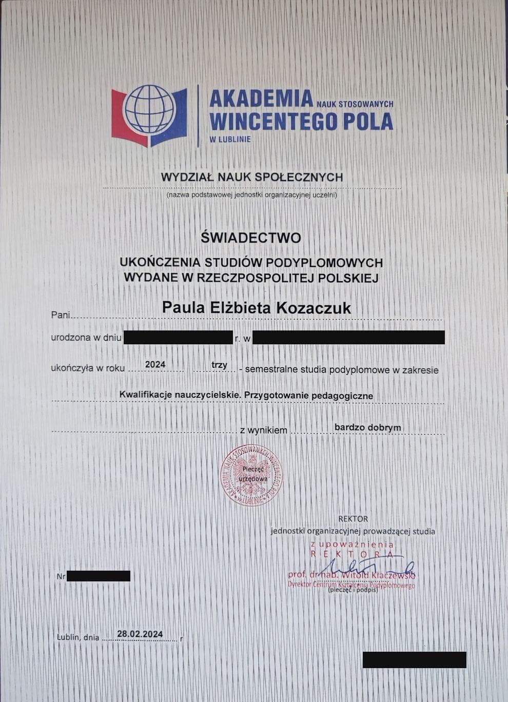 Studia podyplomowe: przygotowanie pedagogiczne, Akademia Nauk Stosowanych Wincentego Pola w Lublinie (2024), Paula Kozaczuk