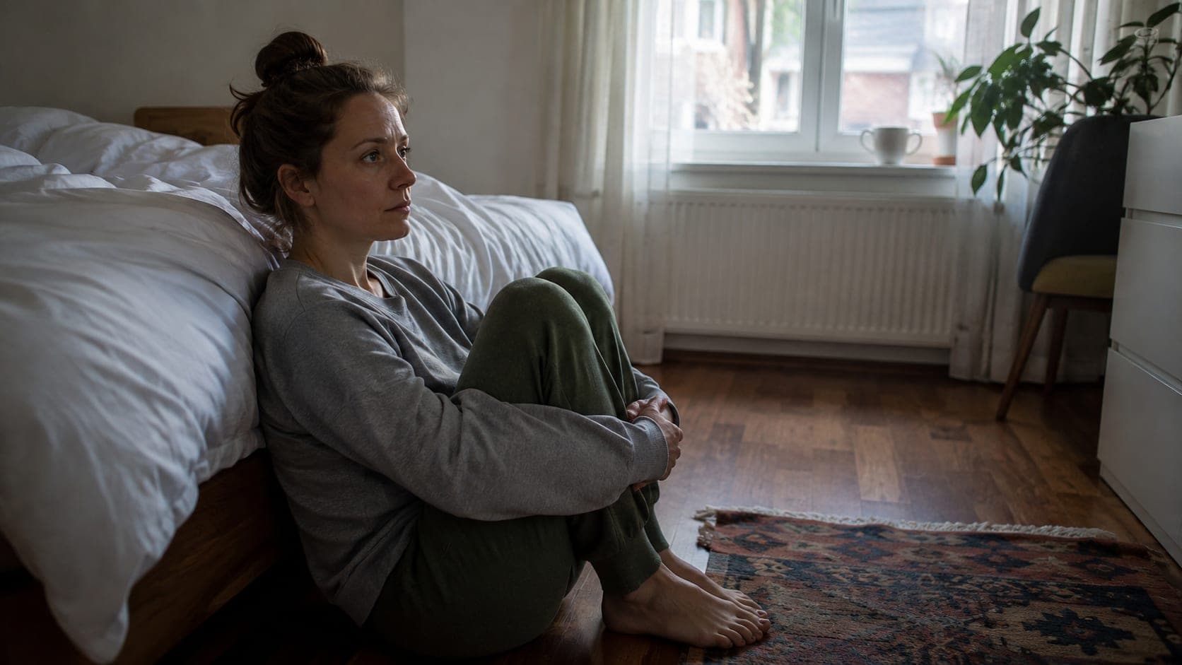 Kobieta siedzi rano na podłodze oparta o łóżko, kolana podciągnięte pod brodę