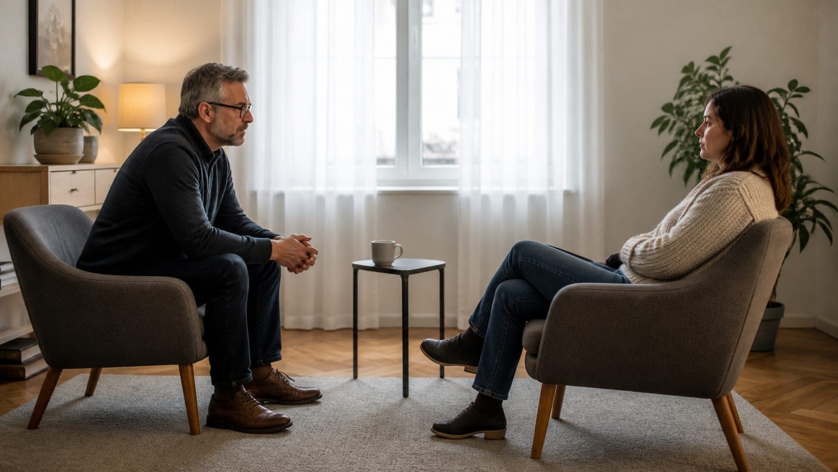 Terapeuta pochylony do przodu, pacjentka oparta o fotel