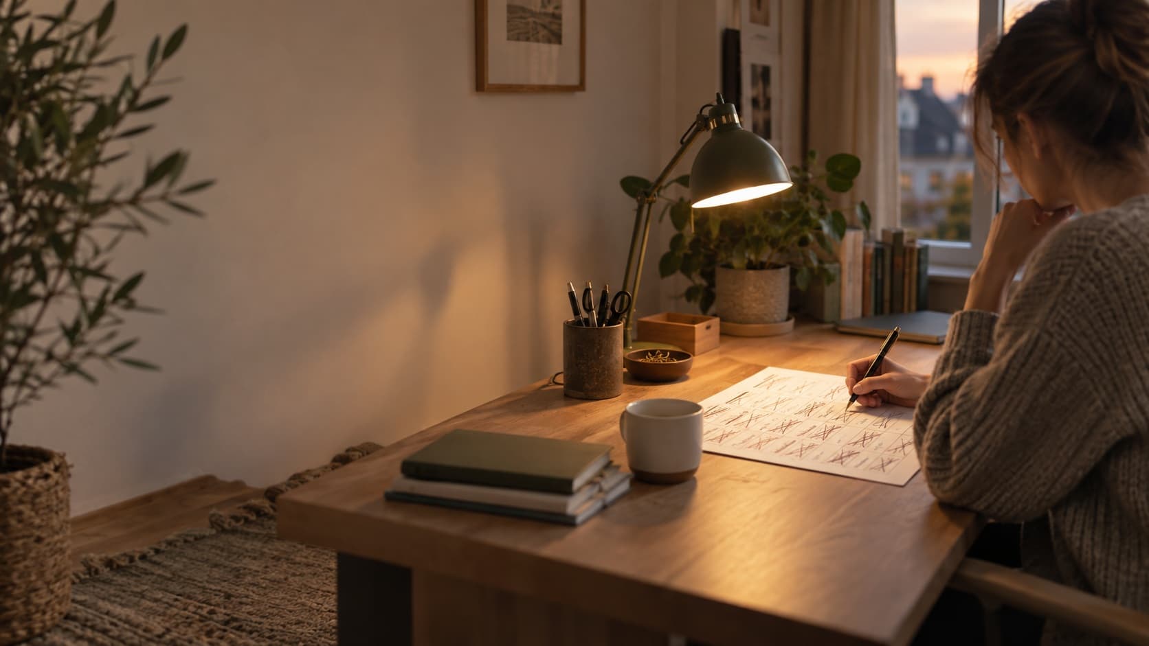 Kobieta wieczorem przy lampie pracuje nad listą zadań