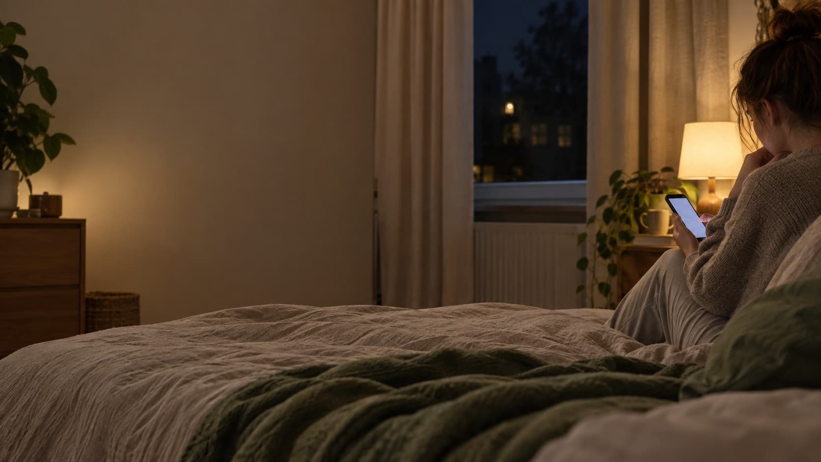 Noc w sypialni, osoba siedzi na łóżku przy zapalonej lampce i czyta coś w telefonie