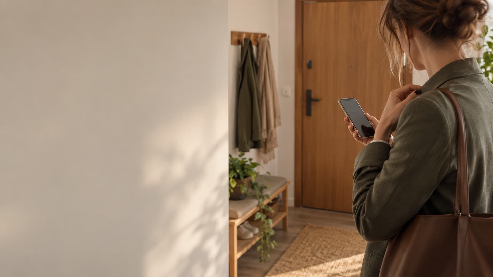 Osoba w marynarce stoi w przedpokoju przed wyjściem, poprawia kołnierz i patrzy w telefon