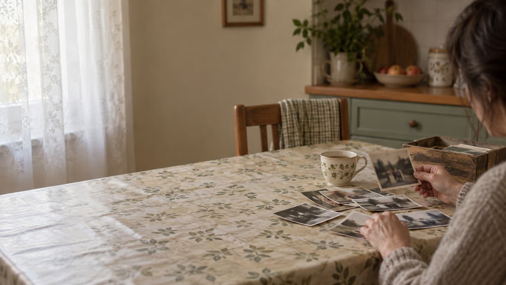 Dorosla osoba siedzi przy kuchennym stole w domu rodzinnym i przeglada rozlozone stare zdjecia rodzinne