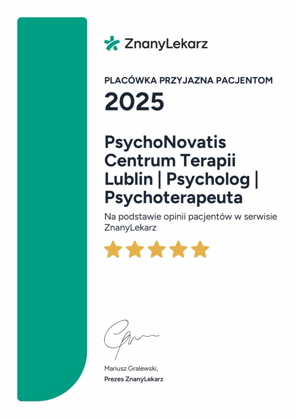 Placówka Przyjazna Pacjentom 2025 — ZnanyLekarz — na podstawie opinii pacjentów