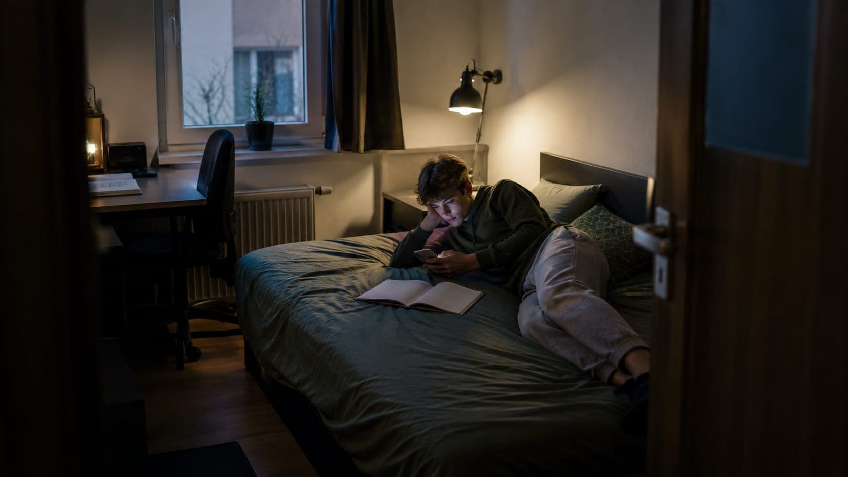 Nastolatek leży wieczorem w poprzek łóżka z telefonem, obok otwarty podręcznik Nastolatek leży wieczorem w poprzek łóżka z telefonem, obok otwarty podręcznik