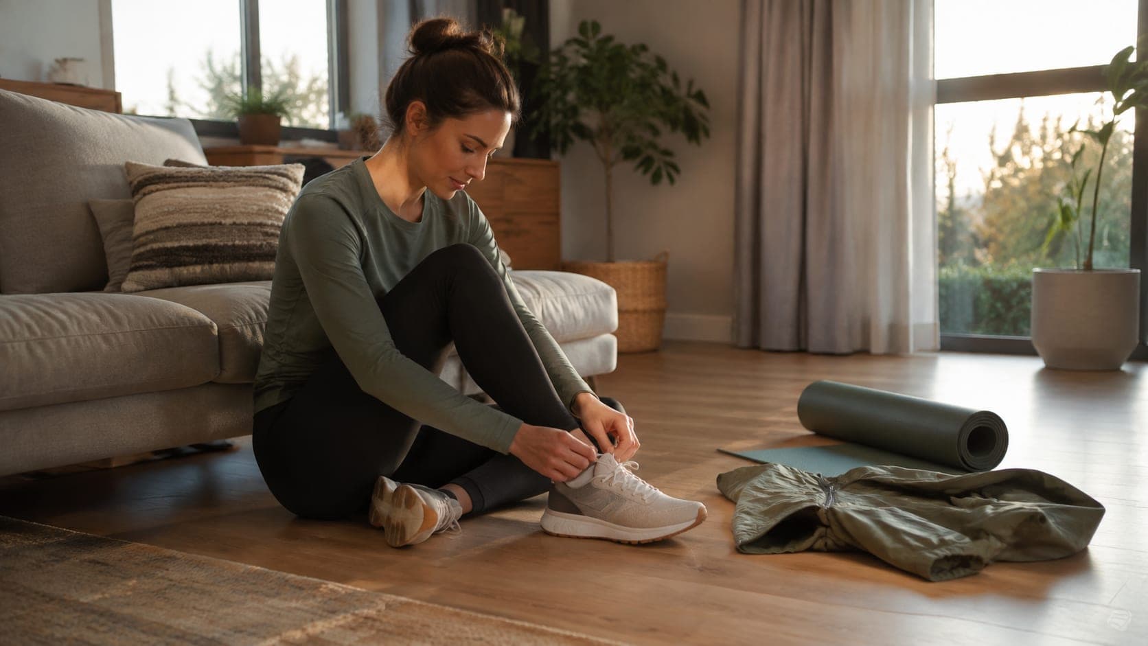 Kobieta siedzi na podłodze w salonie i wiąże but przed wyjściem Kobieta siedzi na podłodze w salonie i wiąże but przed wyjściem