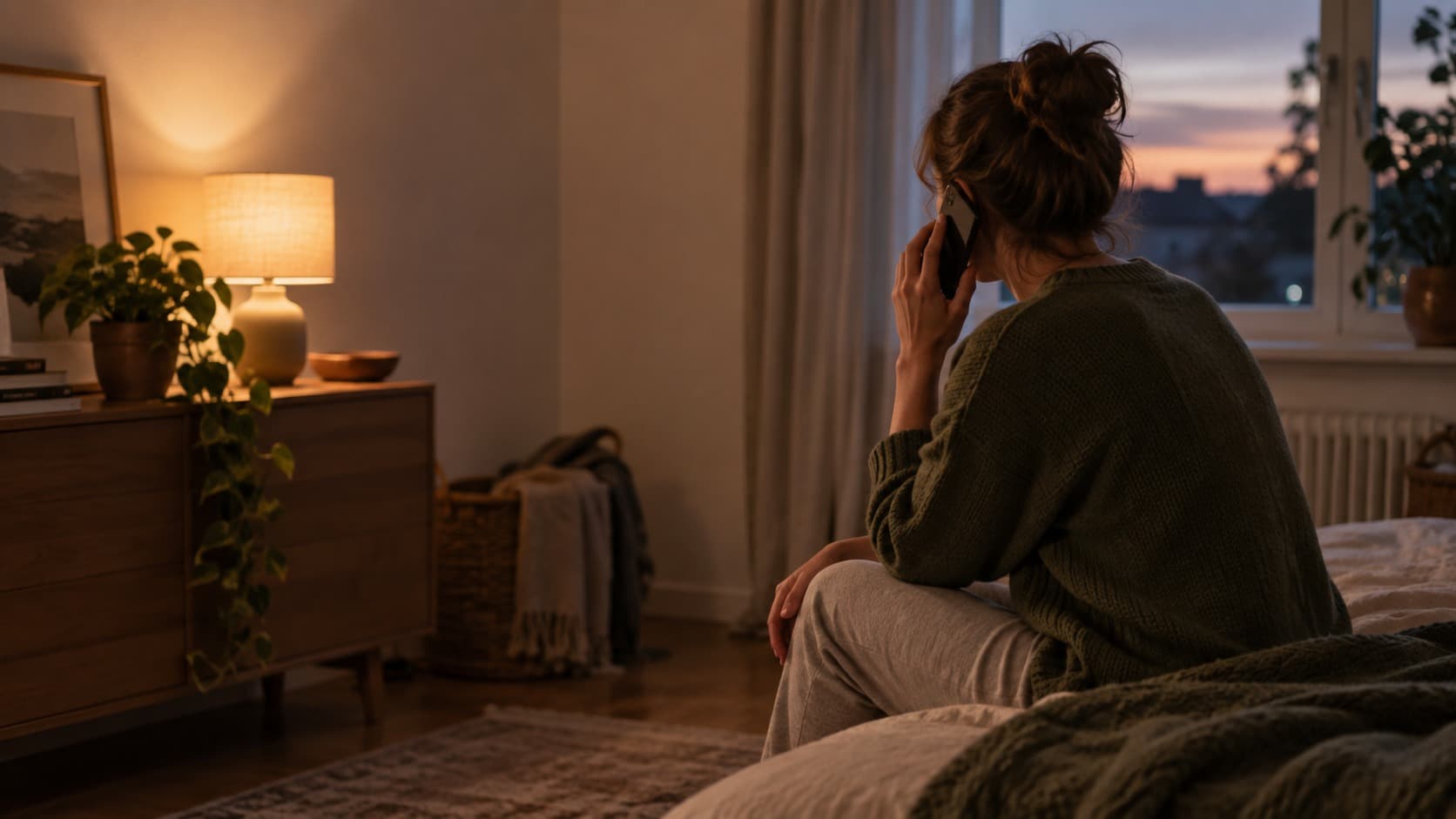 Osoba wieczorem na brzegu łóżka rozmawia przez telefon Osoba wieczorem na brzegu łóżka rozmawia przez telefon
