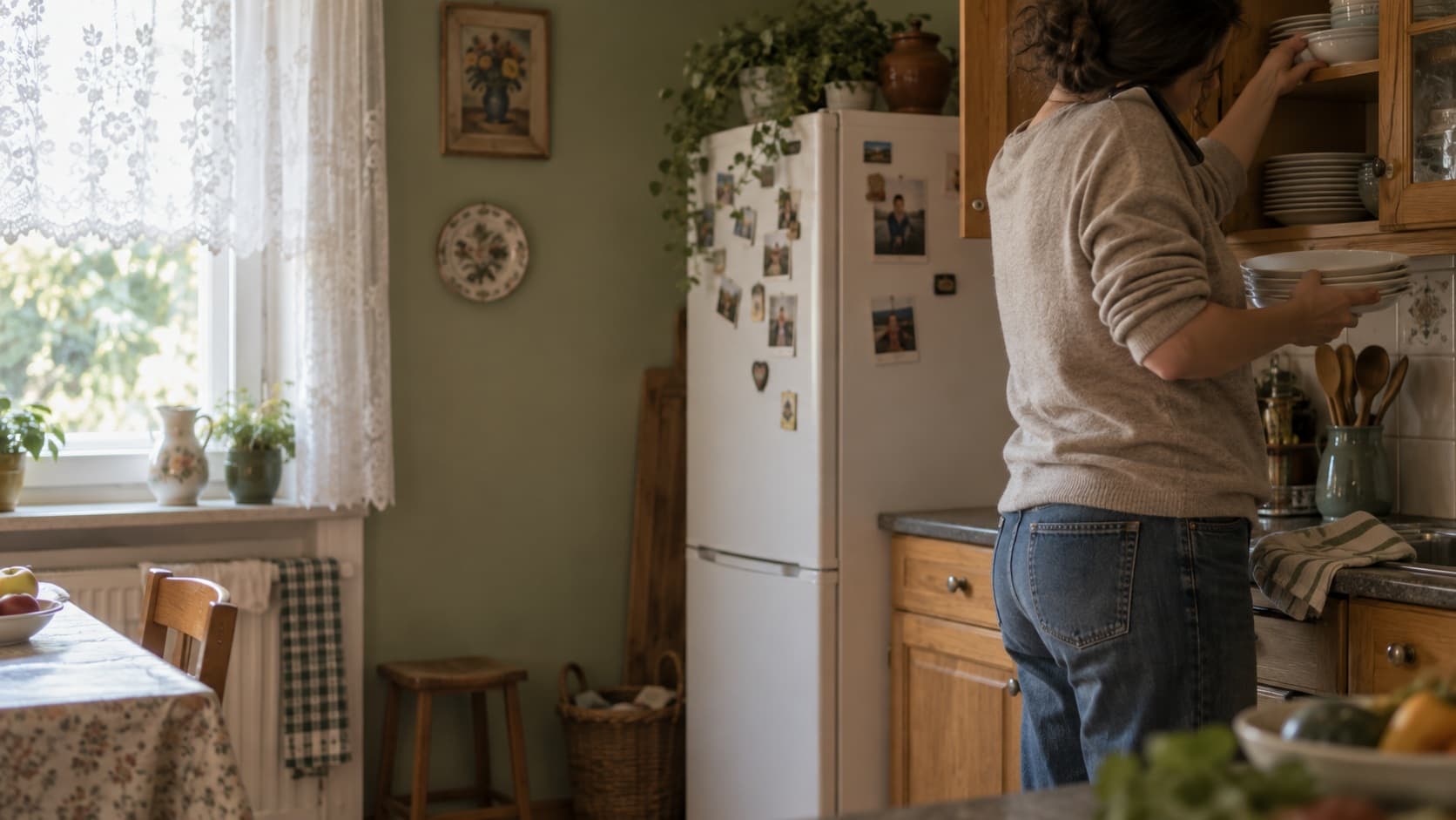 Dorosla osoba stoi w kuchni rodzicow, rozmawia przez telefon trzymany ramieniem i jednoczesnie odklada naczynia Dorosla osoba stoi w kuchni rodzicow, rozmawia przez telefon trzymany ramieniem i jednoczesnie odklada naczynia