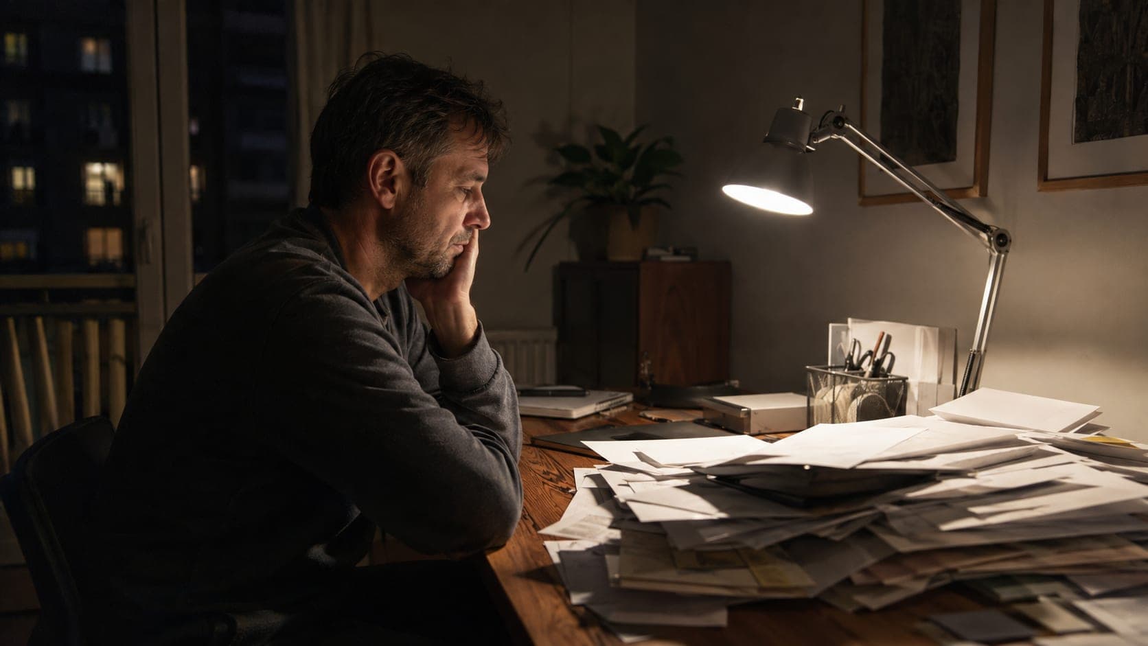 Mężczyzna siedzi wieczorem przy biurku w świetle lampki, obok stos nieotwartych papierów Mężczyzna siedzi wieczorem przy biurku w świetle lampki, obok stos nieotwartych papierów