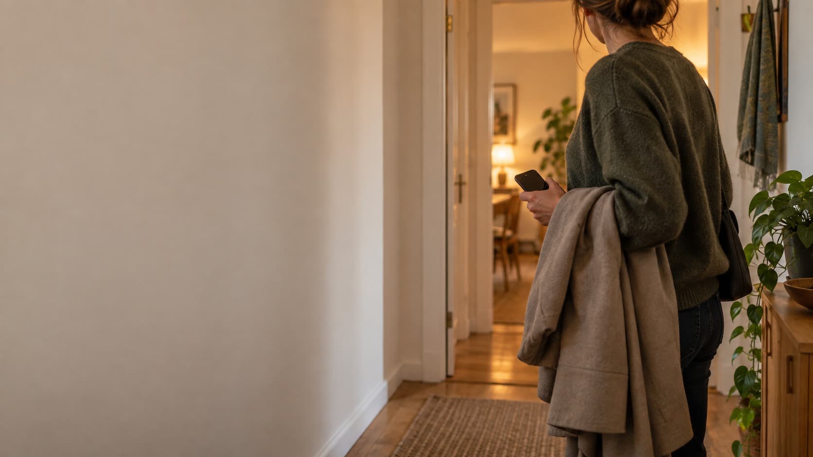 Osoba stoi w przedpokoju w pol kroku, z kurtka przewieszona przez reke i telefonem w dloni, w tle otwarte drzwi do oswietlonego pokoju Osoba stoi w przedpokoju w pol kroku, z kurtka przewieszona przez reke i telefonem w dloni, w tle otwarte drzwi do oswietlonego pokoju