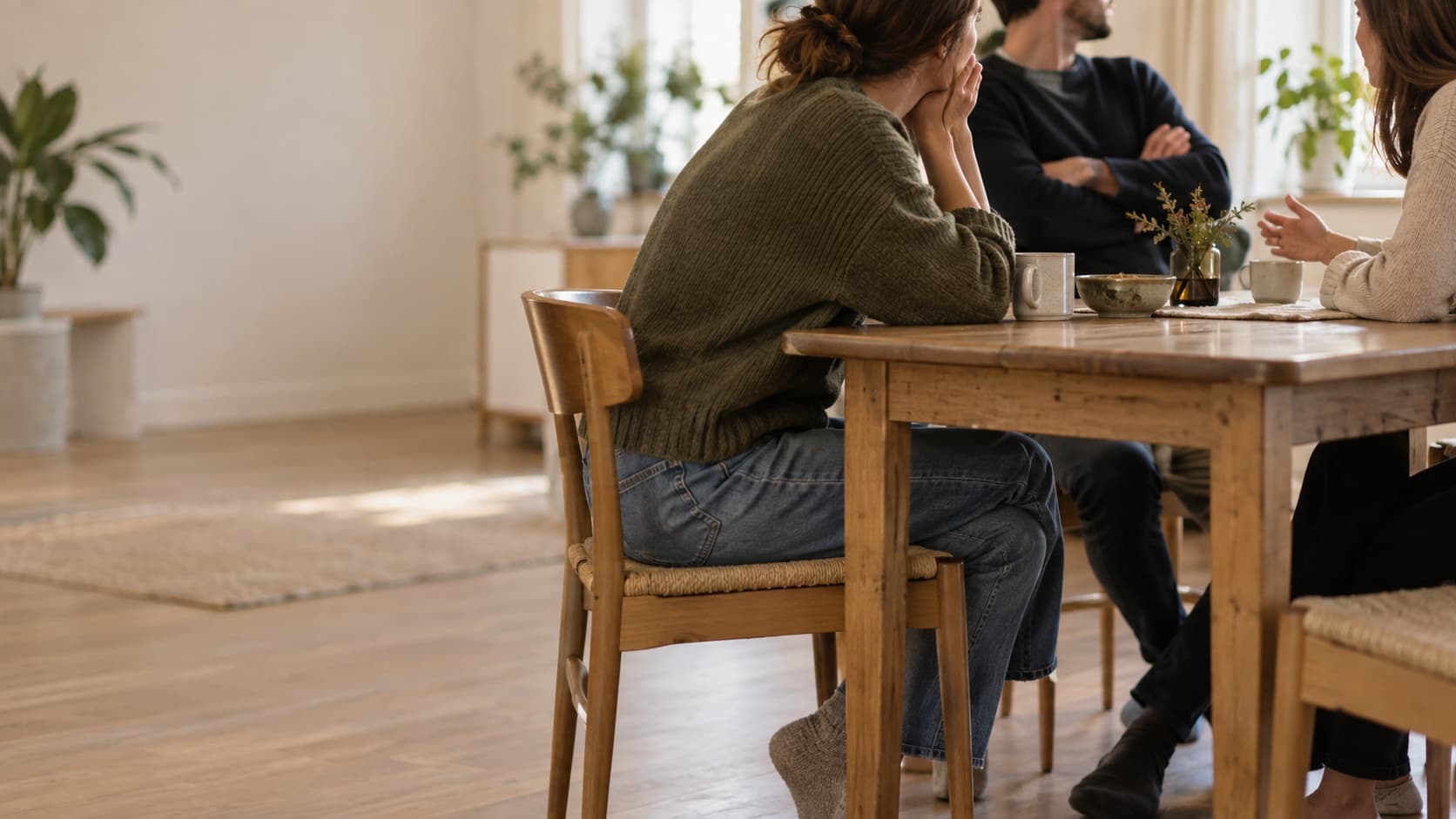 Trzy osoby przy jednym stole w trzech roznych postawach: jedna pochylona nad kubkiem, druga odchylona z rekami skrzyzowanymi, trzecia wychylona do przodu Trzy osoby przy jednym stole w trzech roznych postawach: jedna pochylona nad kubkiem, druga odchylona z rekami skrzyzowanymi, trzecia wychylona do przodu